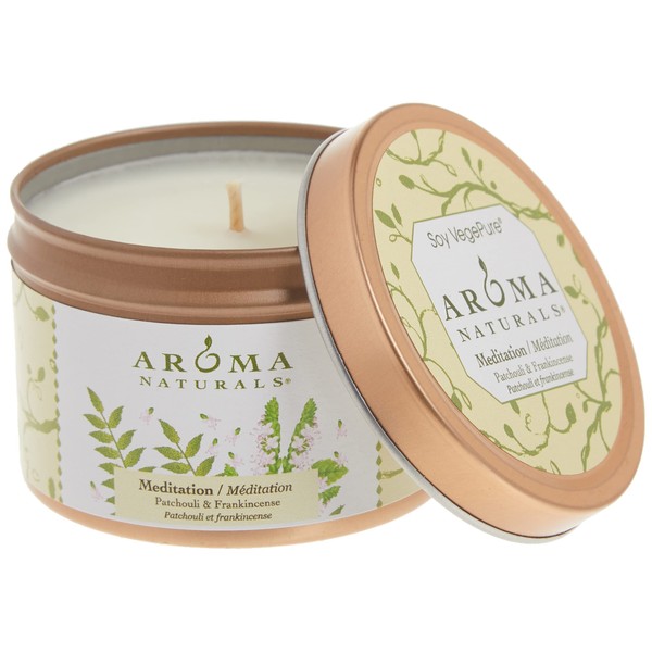 Aroma Naturals Tin Candle with Patchouli and Frankincense Essential Oil Natural Soy Scented, Meditation, 2 Count