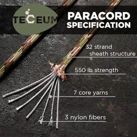 TECEUM Paracord Type III 550 Camo – 50 ft – 4mm – Tactical Rope MIL-SPEC – Outdoor para Cord –Camping Hiking Fishing Gear and Equipment – EDC Parachute Cord – Strong Survival Rope