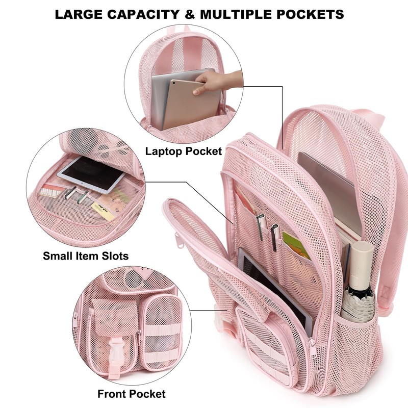 Cuayxox Light Pink Mesh Backpack for Girls Boys, Heavy Duty