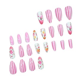 Summer Flowers Press on Nails Medium Stripe Almond Spring Fake Nails Pink False Nails Glossy Full Cover Stick Acrylic Cute Artificial White Nail for Women Glue 24 PCS