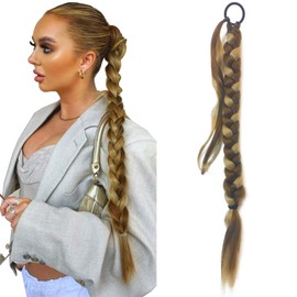 Braided Ponytail hair extensions 30Inch Long Braided Ponytail Extension with Hair Tie Straight Wrap Around Hair Extensions Ponytail Synthetic Hairpieces for Women (Light Brown with Blonde)-12H24
