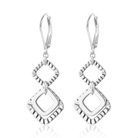 925 Sterling Silver Dangle Earrings for Women, ALEXCRAFT Dangling Drop Handmade Geometric Hammered Square Earring Trendy Leverback Dangly Handcrafted Minimalist Unique Earings Hypoallergenic