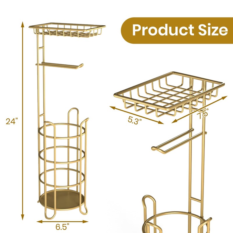 Gold Toilet Paper Holder Stand with Shelf, Freestanding Tissue Roll