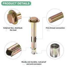 M METERXITY 5-Pack Hex Expansion Bolt, M8x70mm Colored Galvanized Iron-Carbon Steel External Hex Expansion Bolts, Anti-Corrosion Metal Bolt for Concrete/Dry Brick/Block Walls