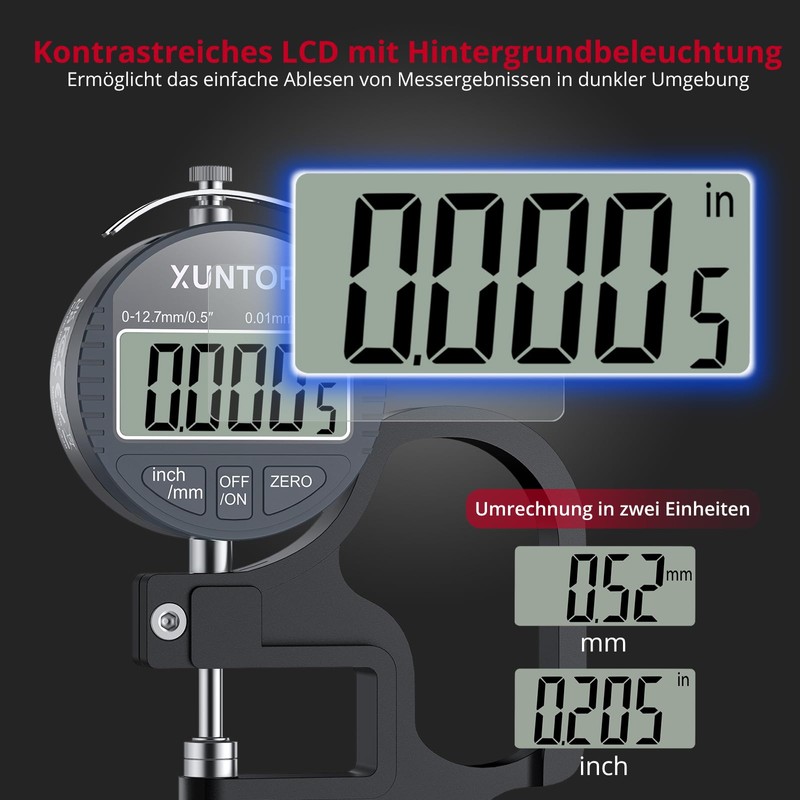 XUNTOP Digital Thickness Gauge Measuring Range 0-12.7 mm Electronic Micrometer