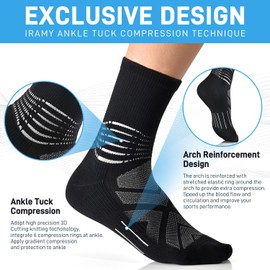 IRAMY Compression Ankle Support Crew Socks Men Women Coolmax Wicking Plantar Fasciitis Relief Running Hiking Socks 3 Pairs