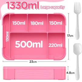 WayEee Bento Lunch Box 1330ml Lunch Box Kids Leak-Proof Lunch Box with Compartments for School, Work(Pink)