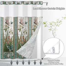 Yanutan No Hook Shower Curtain,Green Butterfly Garden Double-Layered Shower Curtain with Snap-in Liner and Weights,Fabric Bath Curtain with See Through Mesh, 71x74in