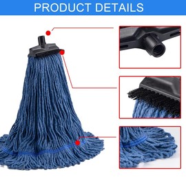 Matthew Large Heavy Duty Mop Head Commercial Replacement for General and Floor Cleaning, Screw-on Wet Industrial Cotton Looped End String Head Refill (Blue Pack of 2) w/Built-in Flexible Bristle Brush