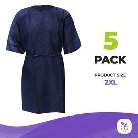 AMZ Disposable Isolation Gown XX-Large. Pack of 5 Navy Blue 50 GSM Polypropylene Disposable Gowns Medical with Neck and Waist Ties. Isolation Gowns Disposable. Personal Protective Gown Disposable