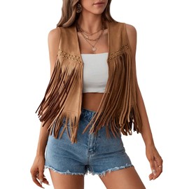 GORGLITTER Women's Fringed Rivet Faux Suede Vest Open Front Sleeveless 70s Hippie Jacket Cowgirl Outfits Brown Medium