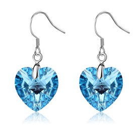 Austrian Crystal Heart Drop Dangle Earrings for Women 925 Sterling Silver Hook Hypoallergenic Earring (Aquamarine)