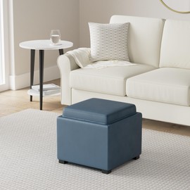 CHITA Storage Ottoman Cube with Tray, Footrest Stool Seat Serve as Side Table, PU Leather in Dark Blue
