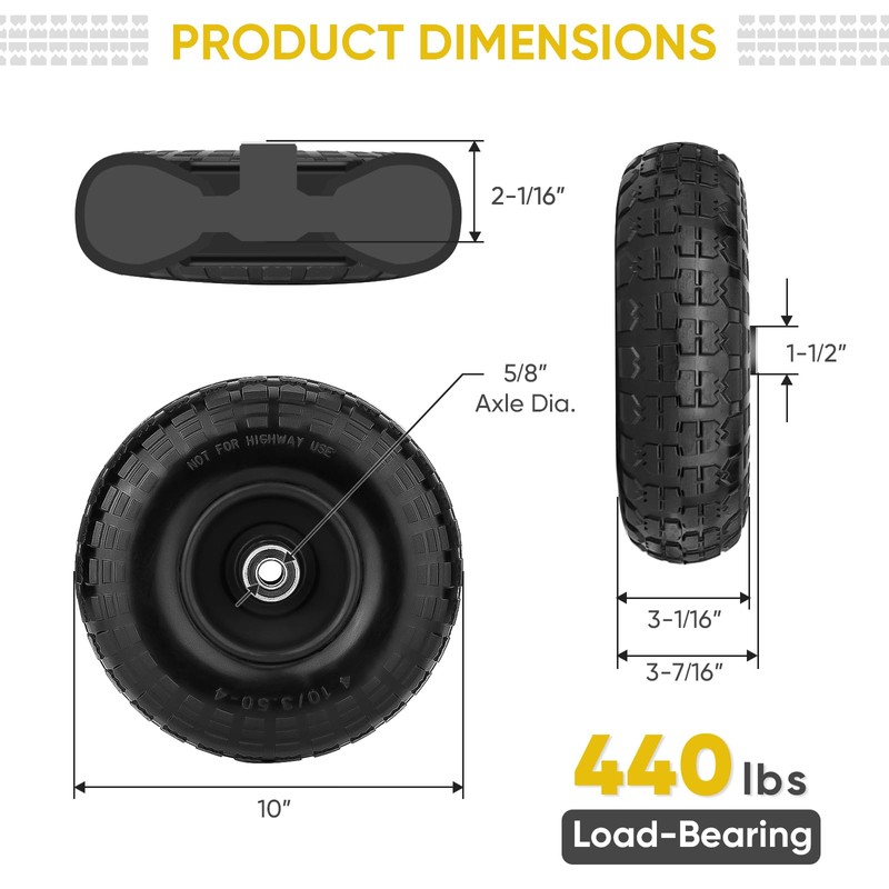 TICONN 10" Solid Tires, 2 Pack Flat Free 4.10/3.50-4'' Wheels