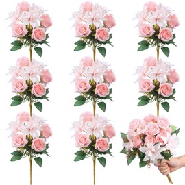 Riceshoot 8 Bundles Artificial Roses Flowers Wedding Flower Bouquet for Bride Bridesmaid Realistic Silk Flowers Faux Roses for Wedding Centerpieces Birthday Mother's Day(Pink)