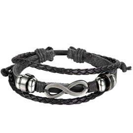 JewelryWe Mens Womens Leather Bracelet, Love Infinity Charm Friendship Bangle, Fit 8-10.4 inch, Black Silver