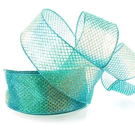 Ribbon Traditions Sheer Ombre Glitter Diamond Mesh Wired Ribbon 2 1/2" by 10 Yards - Turquoise