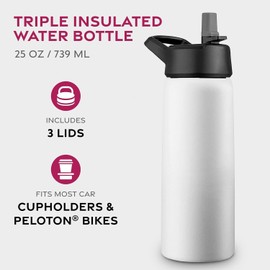 Triple Walled, Insulated Water Bottles with Straw - Stainless Steel Metal Bottle W/ 3 Leak Proof Lids - For Travel, School, Sports, Gym/Men, Women (Pure Pearly White, 25 oz)
