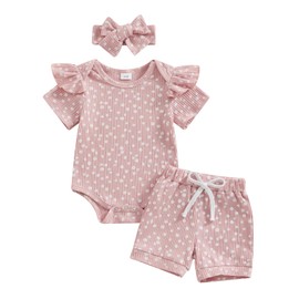 Newborn Baby Girl Clothes Summer Knit Ribbed Floral Print Short Sleeve Romper Shorts Headband Outfit Set (Pink Floral, 3-6 Months)