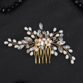 Lenjicons Dainty Pearls Rhinestone Hair Comb Elegant Rhinestone Pearls Headpiece Wedding Hairpiece Handmade Bridal Hair Combs Wedding Hair Accessories for Women (gold)