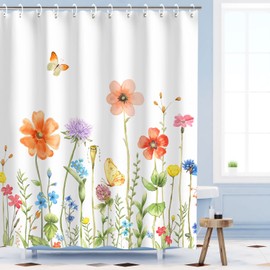 RosieLily Floral Shower Curtain Flower Shower Curtain Butterfly Shower Curtain for Bathroom Colorful Shower Curtain with 12 Hooks Decorative Watercolor Flowered Pretty Plant Shower Curtain, 72"Wx72"H