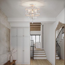 Crystal Ceiling Light Fixture, Modern Small Chandelier Light Fixture, Farmhouse White Semi Flush Mount Ceiling Light, Round Hallway Lighting Fixtures for Bedroom Entryway Dining Room Living Room