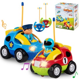 Paquete Prextex de 2 coches a radio control de dibujos animados de policía y de carreras. Juguetes a radio control para niños, cada uno con diferentes frecuencias de modo que ambos pueden competir juntos