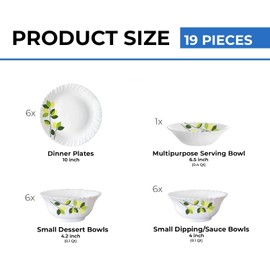 Borosil Gourmet Dinnerware Set For 6, 19 Pieces, White Dinner Plates and Bowls Sets, Chip Resistant Tempered Opal Glass, Stain Resistant, Dishwasher & Microwave Safe Dinner Set For Gifting, Serves 6