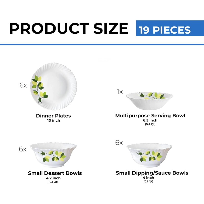 Borosil Gourmet Dinnerware Set For 6, 19 Pieces, White Dinner