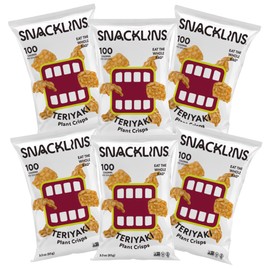 SNACKLINS Plant Based Crisps - Vegan Healthy Snacks - Gluten Free, Grain Free, 100% Kosher For Passover, Low Calorie - No Added Sugar, Crunchy, Puffed Snack - Teriyaki - 3oz (Case of 6)
