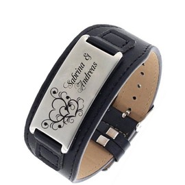 aplusashop ID Leather Partner Bracelets with Stainless Steel Plate with Engraving of Choice Two Colours Black/Brown, Leather, without stone