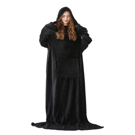 L'AGRATY Fleece Wearable Blanket with Sleeves Pocket and Hat - Extra Long Warm Soft and Cozy Functional Blankets - Gifts for Women Girlfriend Mom Wife and Daughter (Black)