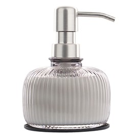 12 OZ Soap Dispensers with Silicone Mat, for Kitchen and Bathroom Contertop Wash Hand Liquid, Dish Detergent, Farmhouse Style Shampoo Lotion Pump (1, Grey Glass with Silver, 4" x 4" x 5-1/2")