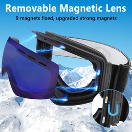 Ryaco Magnetic Lens Ski Goggles Snowboard Goggles, Replaceable Double-layer High-definition Lens, Anti Fog OTG, UV Protection, Snow Sports Goggles for Men, Women, Youth, Adult, Blue