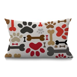 Smooffly Dogs Paws and Bones Cotton Linen Throw Lumbar Waist Pillow Case Cushion Cover Home Office Decorative Rectangle 12 X 20 Inches