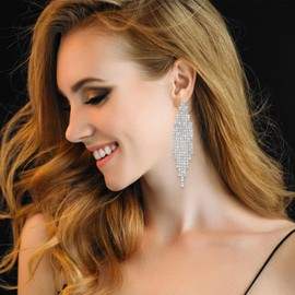 Yolev Long Tassel Earrings Crystal Chandelier Earring Bohemian Rhinestone Fringe Chain Earring Bridal Jewellery Silver Tassel Drop Dangle Earrings