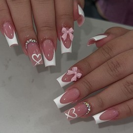 Press on Nails Medium Square Fake Nails White French Tip Nails Press ons Glossy Glue on Nails Nude False Nails with Heart Bow Rhinestones Designs Acrylic Stick on Nails for Women 24Pcs