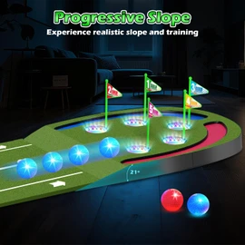 TERRAMUS Golf Putting Mat with Light up Holes, Glowing Golf Balls, Practice Putting Green with 2 Clubs, Toy Golf set,Golfing Practice Mats,Training Mat Indoor Outdoor,Sport Game for Kids Adults Family
