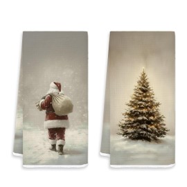 FOPENEM Christmas Hand Towels 2 Pack 16x24 Inches – Elegant Holiday Kitchen Towels with Snowy Christmas Tree and Santa Claus – Decorative Festive Dish Towels for Kitchen & Bathroom