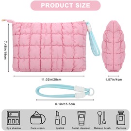 DOB SECHS Cute Quilted Makeup Bag with Handle, Checkered Puffer Cosmetic Bags for Women, Large Puffy Cotton Toiletry Zipper Pouch, Travel Essentials Storage Organizer Clutch Pouches Pencil Case, Pink