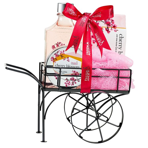 Deluxe Cherry Blossom Bath Body & Spa Set for Women in an Elegant Reusable Wheelbarrow: Shower Gel, Bath Salts, Body Cream Lotion and Bath Puff with Shea Butter & Vitamin E Relaxation Spa Basket