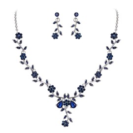 Clearine Women's Wedding Jewellery Set Leaf Cluster Flower Crystal Pendant Necklace Dangle Earrings Set for Bride Clear Silver Tone, Alloy Steel Crystal Alloy steel, Sapphire