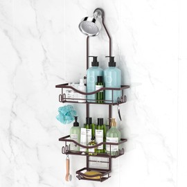 REINHARDT Shower Caddy Hanging Adjustable, Extended Length Rustproof Showers Caddy Over Showerhead with Hooks Soap Holder, Large Capacity Shower Organizer Anti-Swing Bathroom Organizer, Bronze