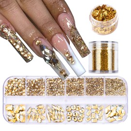 VOTACOS Nail Art Rhinestones Flatback Rhinestones Gold Nail Charms Multi Shapes Crystal Nail Art Supplies Mixed Nail Glitter Gold Foil Design Nail Gems Nail Accessories for Women Nail Decorations.