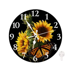 LOKMU Silent Non Ticking Clock 10 Inch, Round Wall Clock,Decorative for Living Room, Kitchen, Home,Bathroom, Bedroom, Office or School, Sunflower with Butterfly on Black