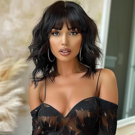 BERRYLION Wigs for Women|Short Bob Wig with Bangs|Synthetic Wavy Bob Wig With Air Bangs (Black)