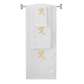 BY LORA Custom Embroidered Terry Cotton Ring Spun Bath Towel, Hand Towel and Washcloth Set - White Towel Set, Gold Chancery Initial R