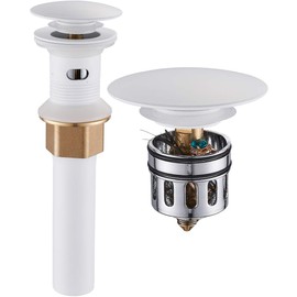 REGALMIX Vessel Sink Drain, Bathroom Faucet Vessel Sink Pop Up Drain Stopper, Built-In Anti-Clogging Strainer, with Overflow White, Fits Standard American Drain Hole(1-1/2" to 1-3/4") RWF083N