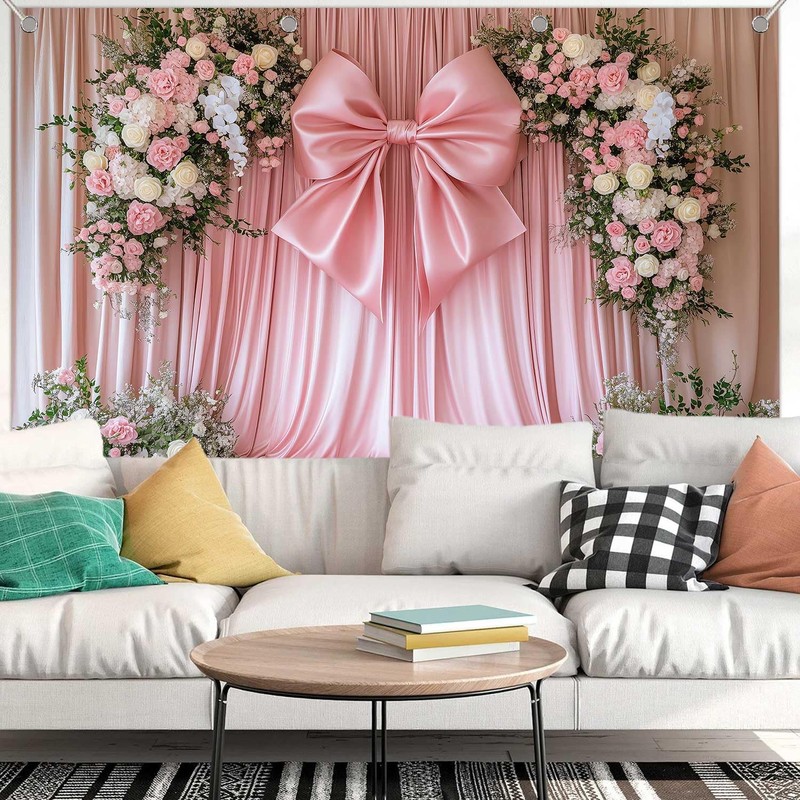KUKUSOUL Pink Curtain Backdrop Giant Bowknot Floral Birthday Decoration