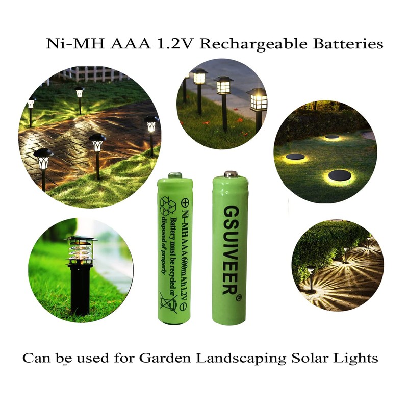 GSUIVEER AAA Nimh 600mAh 1.2v Rechargeable Battery for Outdoor Solar